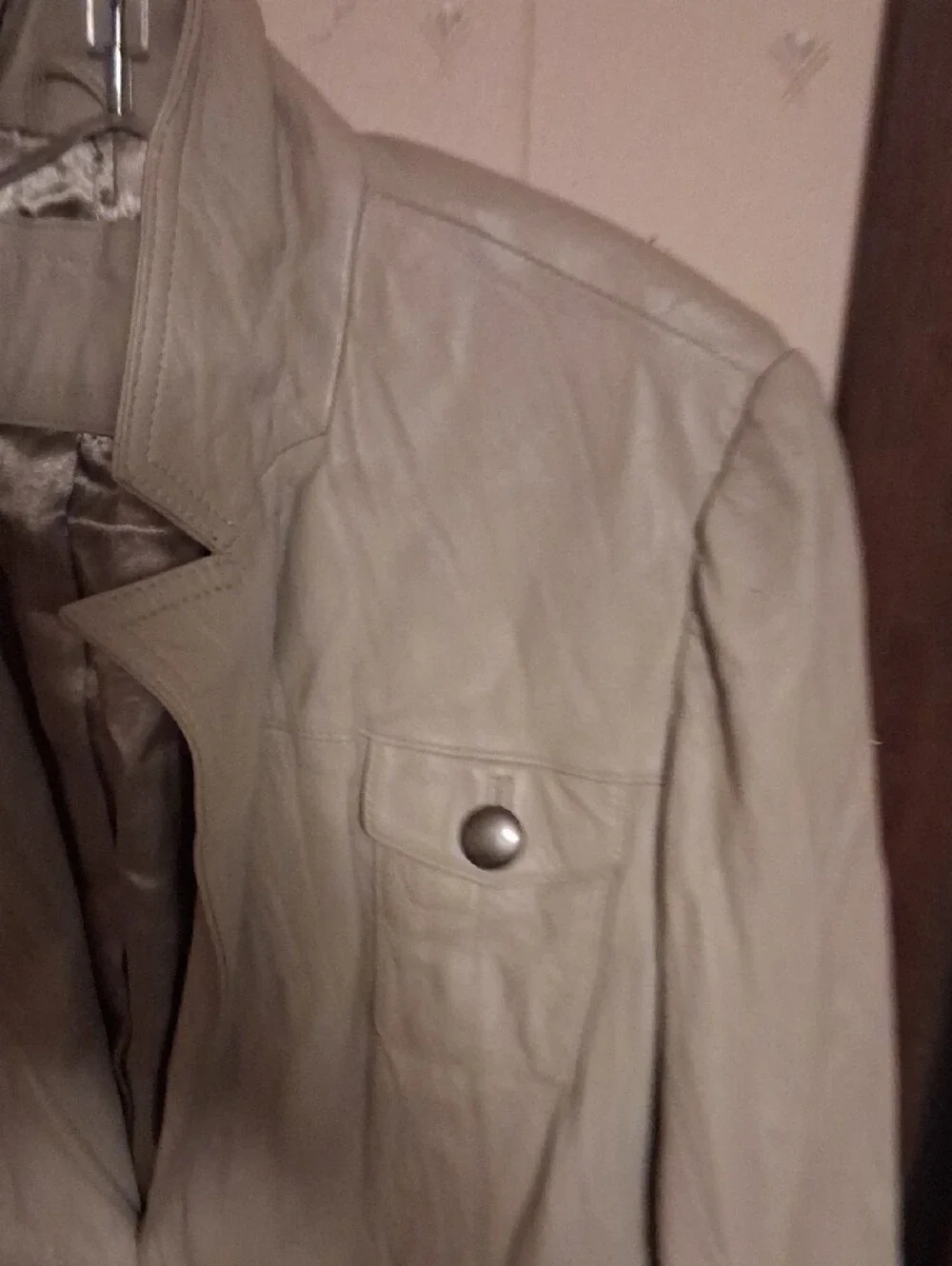 Womens Light Gray Leather Jacket - Classic Pocket Blazer